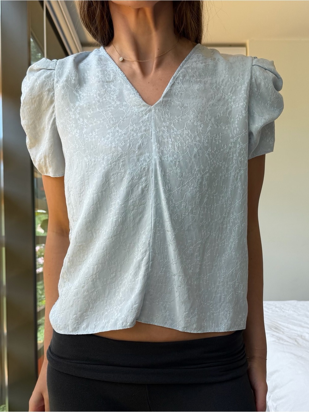 Frame Denim Silky Floral Embroidered Light Blue Top